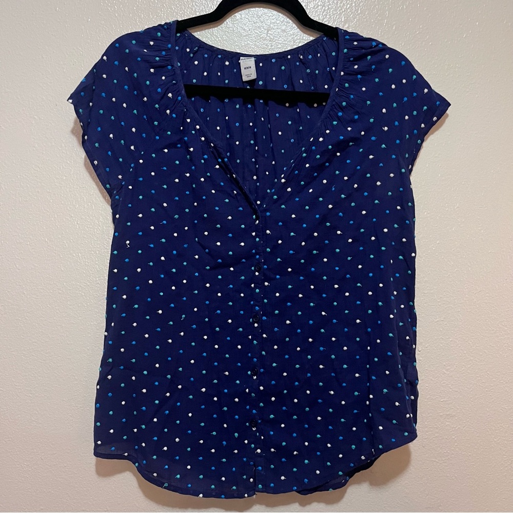 Old Navy Navy Blue Polka Dot Blouse Short Sleeve Button Front Size M